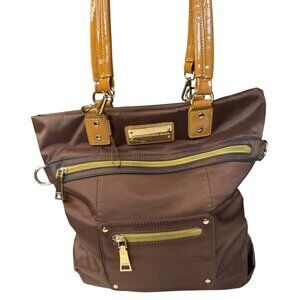 Bosisio Parini Brown Nylon Tote Bag With Yellow Zippers & Patent Leather Straps